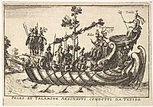 Plate 7: Peleo et Talamone Argonauti condotti da Tetide, from The magnificent pageant on the Arno in Florence for the marriage of the Grand Duke (Le Manifique Carousel fait sur le fleuve de l'Arne a Florence, pour le mariage du grand Duc) by Anonymous|Giulio Parigi|Remigio Cantagallina|Jean Sauvé