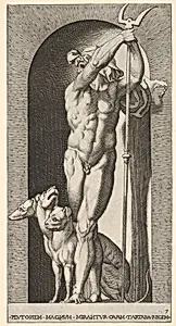 Plate 7: Pluto in a niche, holding a bident, with Cerberus next to him, from "Mythological Gods and Goddesses" by Giovanni Jacopo Caraglio|Rosso Fiorentino