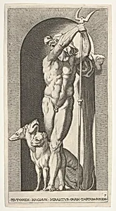 Plate 7: Pluto in a niche, holding a bident, with Cerberus next to him, from a series of mythological gods and goddesses by Giovanni Jacopo Caraglio|Rosso Fiorentino