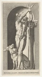 Plate 7: Pluto in a niche, holding a bident, with Cerberus next to him, from a series of mythological gods and goddesses