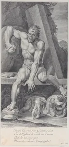 Plate 7: the blinded Polyphemus, guarding the entrance of his cavern, with Ulysses and his companions escaping below by covering themselves with ram skins