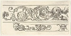 Plate 7: two friezes; at top, an eagle and the head of a lion, at bottom, a lion head and two grotesque heads of men, from 'Friezes, foliage, and grotesques' (Frises, feuillages et grotesques) by Stefano della Bella