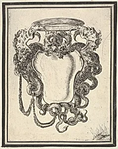 Plate 8: a cartouche flanked by dragons, their tails supporting a crown at top, from 'Nouvelles inventions de Cartouches' by Stefano della Bella