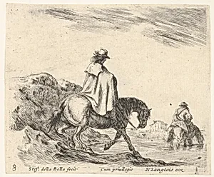 Plate 8: a horseman descends a riverbank, another horseman in river to right, from 'Diversi capricci' by Stefano della Bella|Nicolas Langlois