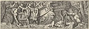 Plate 8: battle between soldiers on a boat and naked men trying to climb in, a river god at right by Pietro Santi Bartoli|Polidoro da Caravaggio|Giovanni Giacomo De Rossi