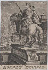 Plate 8: equestrian statue of Otho, seen from behind, his death scene in the background with him stabbing himself at right and the burning of his body at left, from 'Roman Emperors on Horseback'