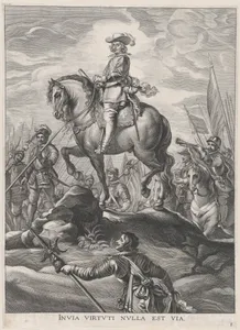 Plate 8: Ferdinand on horseback crossing the Alps; from Guillielmus Becanus's 'Serenissimi Principis Ferdinandi, Hispaniarum Infantis...'