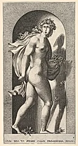 Plate 8: Proserpina, standing in a niche, turning to the right while holding mantle in both hands and flowers in her right hand, from "Mythological Gods and Goddesses" by Giovanni Jacopo Caraglio|Rosso Fiorentino