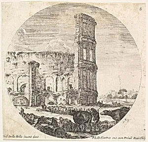 Plate 8: the Colosseum, two herds being directed towards the amphitheater in the foreground, a round composition, from 'Roman landscapes and ruins' (Paysages et ruines de Rome) by Stefano della Bella|François Langlois