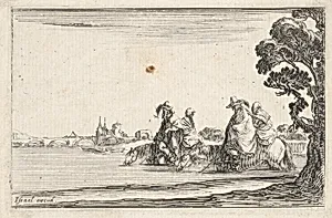 Plate 8: two horsemen in hats at right, each with a woman seated behind them, riding towards the left in profile across a river, a tree at far right, from 'Caprice faict par de la Bella' by Stefano della Bella|Israël Henriet
