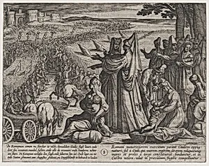Plate 8: Women and Children Obvserve Civilis Battling the Romans, from The War of the Romans Against the Batavians (Romanorvm et Batavorvm societas) by Antonio Tempesta|Otto van Veen
