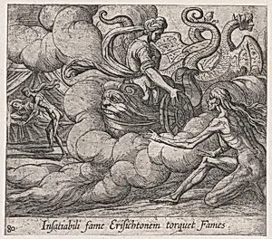Plate 80: Ceres' Nymph Telling Famine to Strike Erysichthon (Insatiabili fame Erisichtonem torquet Fames), from Ovid's 'Metamorphoses' by Antonio Tempesta
