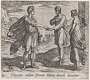 Plate 81: Erysichthon Selling his Daughter (Diversas induta Mitra diversis divenditur), from Ovid's 'Metamorphoses' by Antonio Tempesta