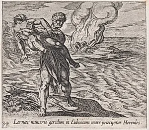 Plate 84: Hercules Throwing Lichas into the Sea (Lernaei muneris gerulum in Euboicum mare praecipitat Hercules), from Ovid's 'Metamorphoses' by Antonio Tempesta