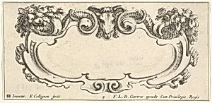 Plate 9: a cartouche with the head of a ram at top center, flowers at top left and right, from 'Twelve cartouches' (Recueil de douze cartouches) by François Langlois|Stefano della Bella|François Collignon