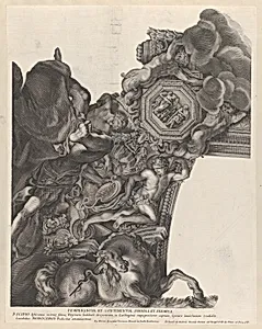 Plate 9: Allegory of Temperance with a unicorn and Publius Scipio Africanus at bottom, from Barberinae aulae fornix by Pietro da Cortona (Pietro Berrettini)|Giovanni Giacomo De Rossi|Gaspar de Guzman, Count of Olivares and Duke of Sanlucar|Anonymous, Italian, 17th century