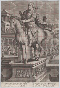 Plate 9: equestrian statue of Vitellius, seen three-quarters to the left, with his death scene in the background at right, his body being thrown into the Tiber at upper right, from 'Roman Emperors on Horseback'