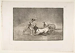 Plate 9 from "La Tauromaquia": A Spanish knight kills the bull after having lost his horse by Goya (Francisco de Goya y Lucientes)