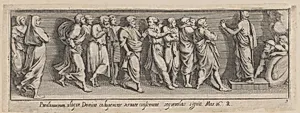 Plate 9: Joshua, standing at right, speaks to the people of Israel, after a lost fresco in the basamento of Bay 10 of the Vatican Loggia by Pietro Santi Bartoli|Giovanni Giacomo De Rossi|Raphael (Raffaello Sanzio or Santi)