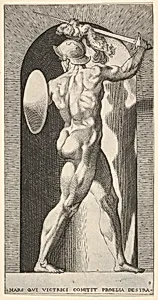 Plate 9: Mars in a niche, holding a sword above his head with his right arm, and a shield on his left arm, from "Mythological Gods and Goddesses" by Giovanni Jacopo Caraglio|Rosso Fiorentino