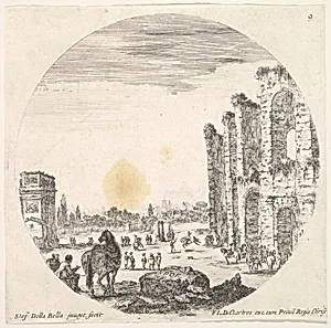 Plate 9: the Arch of Constantine to left, seen from the side, part of the Colosseum to right, various horses and figures in foreground and background, a round composition, from 'Roman landscapes and ruins' (Paysages et ruines de Rome) by Stefano della Bella|François Langlois