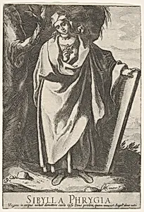 Plate 9: the Phrygian Sibyl holding the top of a tablet with her left hand and pointing with her right, from the series of 'Sibyls' by Raffaello Schiaminossi|Raphael (Raffaello Sanzio or Santi)