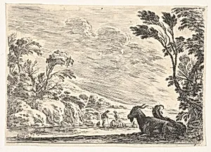 Plate 9: Two goats resting to right, turned towards the left, four men and a horse in a river in the background, from 'Various Figures' (Agréable diversité de figures) by Stefano della Bella|Israël Henriet