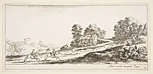Plate 9: two horsemen at left galloping uphill towards the right, a horse and seated man to right, from 'Various landscapes' (Divers paysages) by Stefano della Bella|Israël Henriet|Louis de Bourbon duc d'Anguien