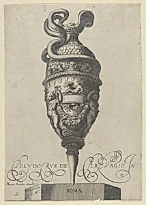 Plate 9: Vase or Ewer with a Serpent Handle and Two Putti holding up a Garland, from Antique Vases (‘Vasa a Polydoro Caravagino’) by Cherubino Alberti (Zaccaria Mattia)|Polidoro da Caravaggio|Aegidius Sadeler II|Marcus Sadeler