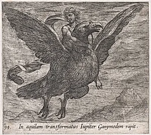Plate 94: Jupiter and Ganymede (In aquilam transformatus Iupiter Ganymedem rapit), from Ovid's 'Metamorphoses' by Antonio Tempesta
