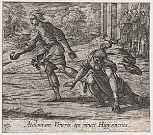 Plate 97: Hippomenes Winning the Race with Atalanta (Atalantam Veneris ope vincit Hippomenes), from Ovid's 'Metamorphoses' by Antonio Tempesta