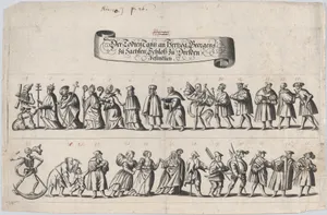 Plate from a book showing a procession of men and women with a skeleton at the beginning, middle and end of the line
