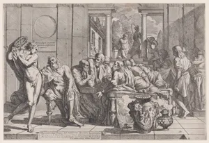 Plato's symposium: Socrates and his companions seated around a table discussing ideal love interruputed by Acibiades at left
