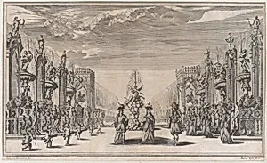 Pleasure garden, with three figures in front of a fountain at center, a row of putti to the left, and a group of women to the right; set design from 'Il Pomo D'Oro' by Mathäus Küsel|Ludovico Ottaviano Burnacini