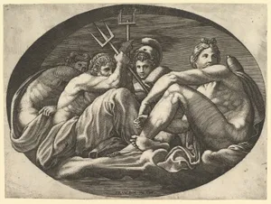 Pluto, Neptune, Minerva and Apollo, from a series of eight compositions after Francesco Primaticcio's designs for the ceiling of the Ulysses Gallery (destroyed 1738-39) at Fontainebleau