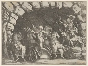 Pluto, seen from behind, entering the Underwold on his chairot, Cereberus and three Furies to right, from 'Giove che fulmina li giganti', after the frescoes on the ceiling of the Sala dei Giganti designed by Giulio Romano for the Palazzo del Te, Mantua