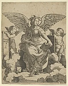 Poetry personified as a winged woman by Anonymous|Raphael (Raffaello Sanzio or Santi)|Marcantonio Raimondi