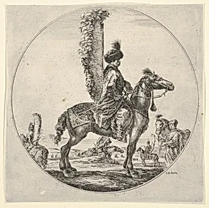 Polish hussar in profile facing right with wings attached to his back, a circular composition, from 'Figures on Horseback' (Cavaliers nègres, polonais et hongrois) by Stefano della Bella