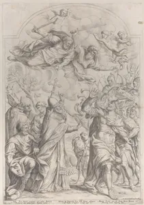 Pope Leo repulses Atilla from the gates of Rome and points to Saints Peter and Paul overhead