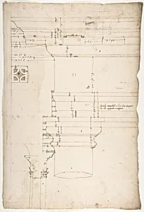 Portico at the Porta Carmentalis, Tuscan capital and entablature, elevation; pier, section, detail (recto) S. Prassede, Quadriportico, Doric capital, elevation; Palazzo Massimo alle Colonne, column shaft, profile (verso) by Anonymous, French, 16th century