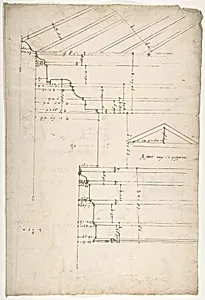Portico Octavia, pediment and entablature, elevation; pediment, elevation (recto) Temple of Antoninus and Faustina, entablature, elevation (verso) by Anonymous, French, 16th century