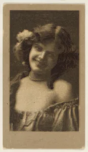 Portrait of a smiling woman, from the "Girls" series (T66), issued with Hunter Dog Cigarros by S. Monday & Sons