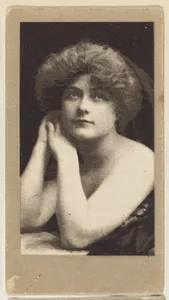 Portrait of a woman looking upwards with her cheek resting on her hands, from the "Girls" series (T66), issued with Hunter Dog Cigarros by S. Monday & Sons