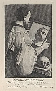 Portrait of Caravaggio, turned to the right and looking at his reflection in a mirror by Caravaggio (Michelangelo Merisi)|Henri Simon Thomassin|Caravaggio (Michelangelo Merisi)