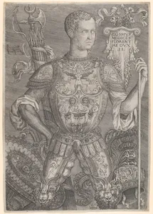 Portrait of Cosimo de' Medici in full armor, his left hand resting on a staff