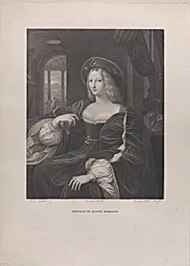 Portrait of Doña Isabel de Requesens y Enrìques de Cardona-Anglesola (formerly identified as Joanna of Aragon) by Isabel de Requesens y Enrìques de Cardona-Anglesola, Vice-Queen of Naples|Joanna of Aragon, Queen Consort of Naples|Raphael (Raffaello Sanzio or Santi)|Raphael Morghen|Giulio Romano|Pierre Bouillon