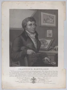 Portrait of Francesco Bartolozzi, seated, holding a magnifying glass with printmaking tools and a plate on the desk behind him