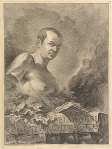 Portrait of G.B. Piranesi in imitation of an antique bust, from "Opere varie di Architettura, prospetive, grotteschi, antichità; inventate, ed incise da Giambattista Piranesi Architetto Veneziano" (Various Works of Architecture, perspectives, grotesques, and antiquities, designed and etched by Giambattista Piranesi, Venetian Architect)