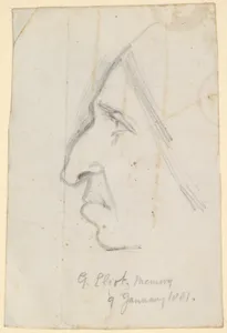 Portrait of George Eliot, seen in profile to the left