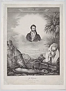 Portrait of Giovanni Baptista Belzoni, half-length, an Egyptian landscape below with pyramids and temples and statues including the head and arm of Amenhotep III by M. Fabroni|Sarah Belzoni